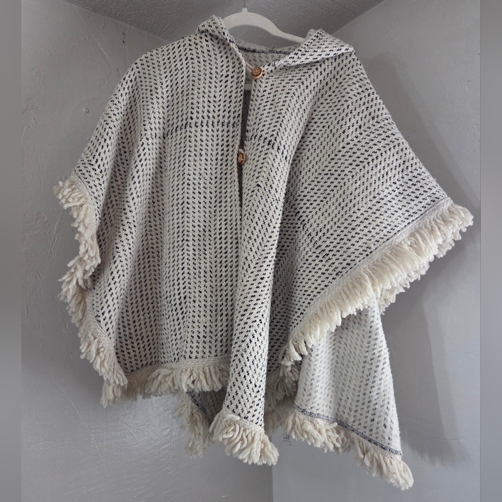 Fringed Hooded Poncho with Button Closure